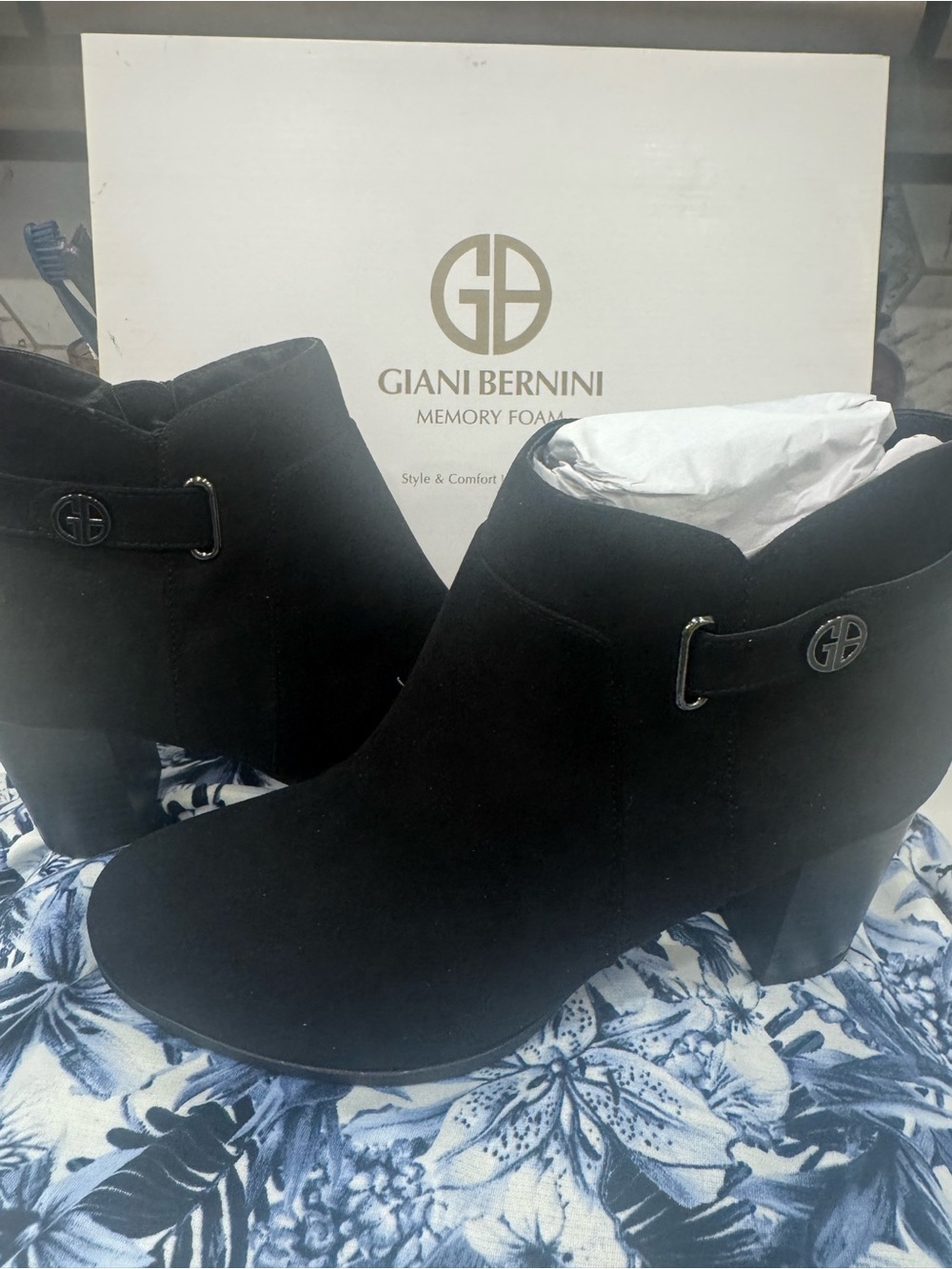 Giani Bernini Black Suede Ankle Booties with Logo Strap
